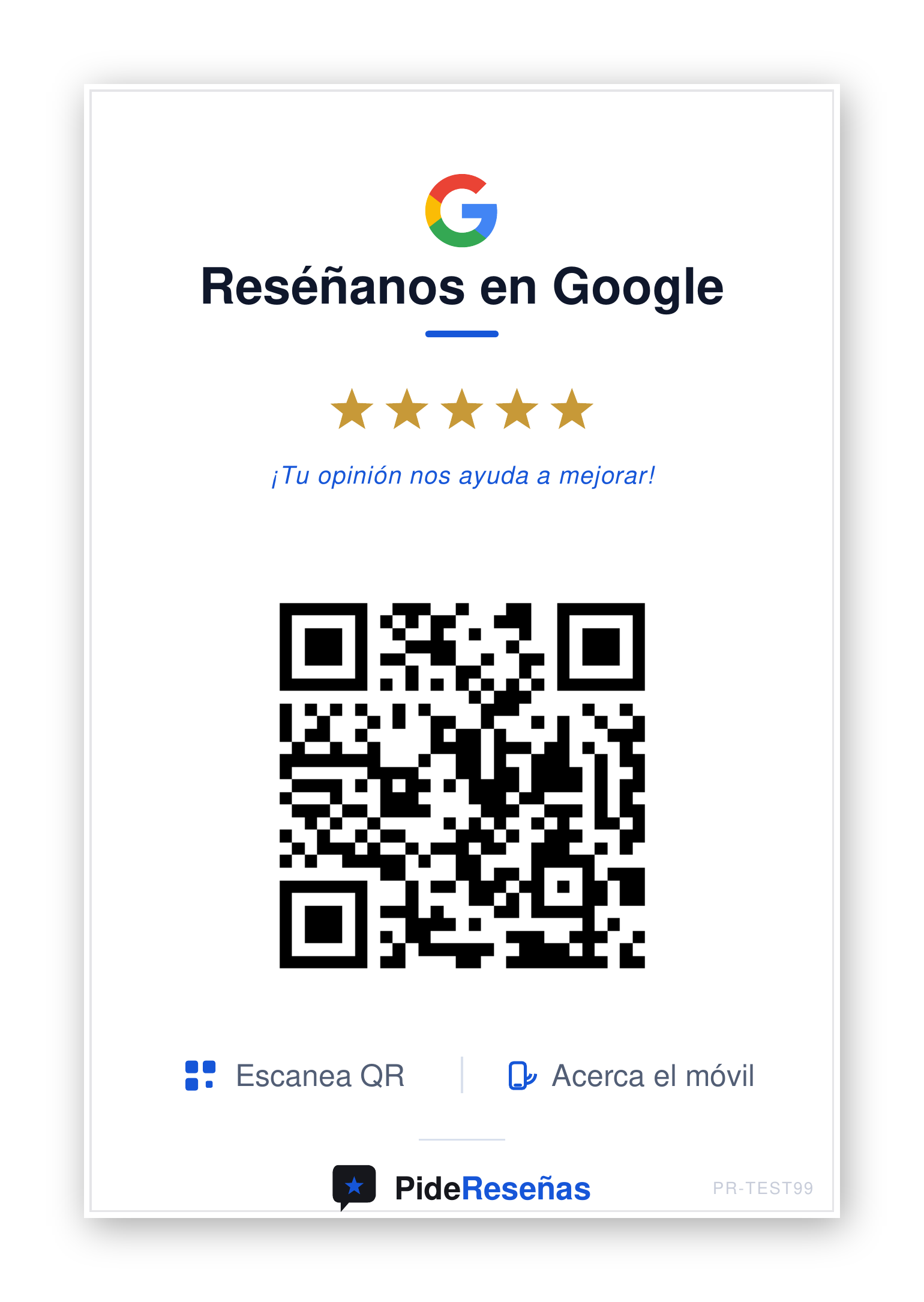 Cartel de Reseñas Google de PideReseñas con QR y enlace directo a reseñas de Google
