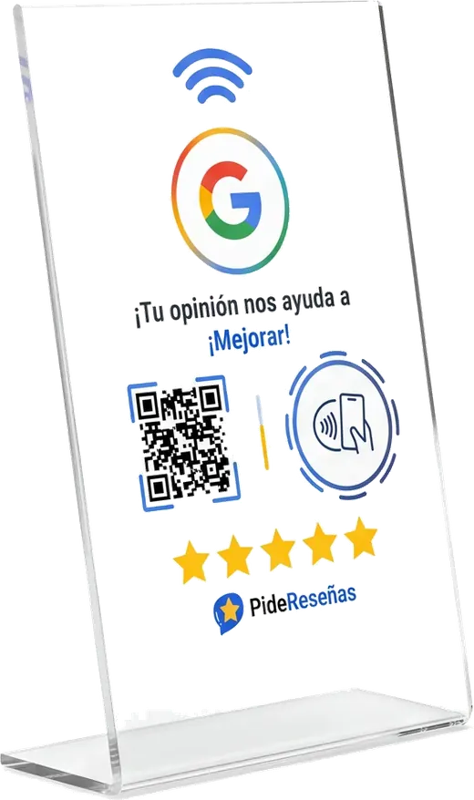 Expositor de reseñas de Google de PideReseñas en metacrilato, con NFC y código QR, visto de lado